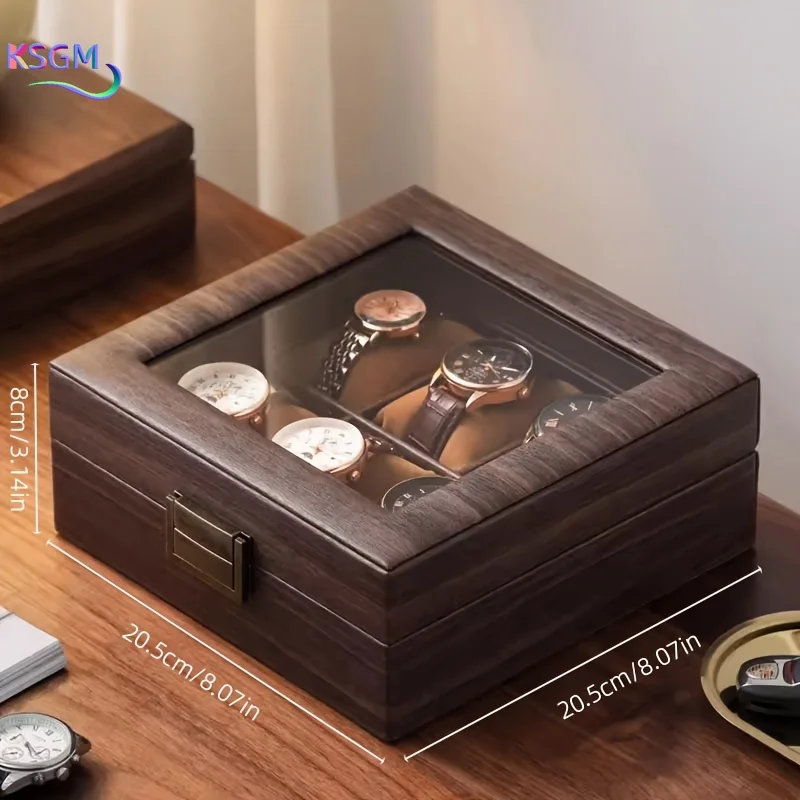 

Elegant Wood Grain Faux Leather Watch Storage Box 6-Slot Dustproof Display Case with Soft Interior Flip-Top Closure for Home