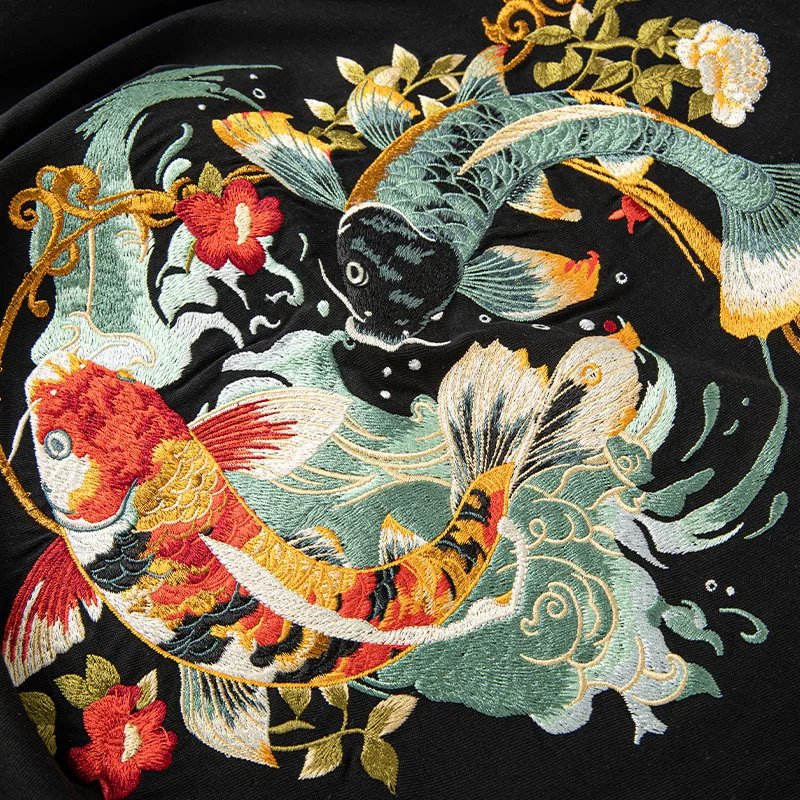 

Men's Heavyweight Chinese Style Koi Fish Floral Embroidered T-Shirt Summer Oversized Guochao Short Sleeve Tee New Arrival