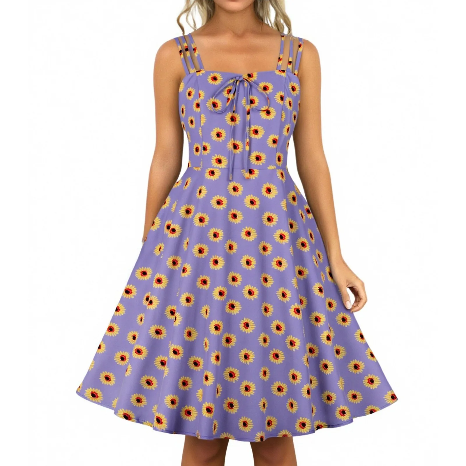 ชุดใหม่น่ารัก Daisy ผู้หญิงดอกไม้พิมพ์แฟชั่นฤดูใบไม้ผลิฤดูร้อนกลางแจ้งวันหยุดชายหาด Casual Vintage Dresses