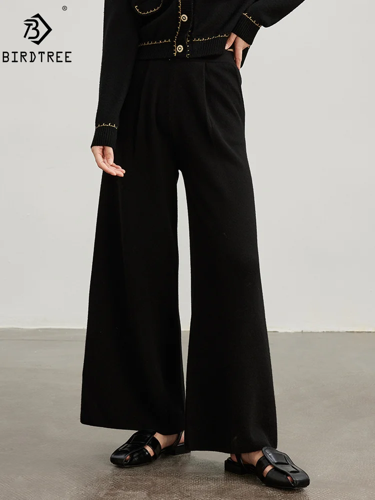 

Birdtree, 46.7%Sheep Wool Wide Leg Pants, Women High-Waisted Black, Casual Retro Knit Trouser, 2024 Autumn Winter New B48136QM