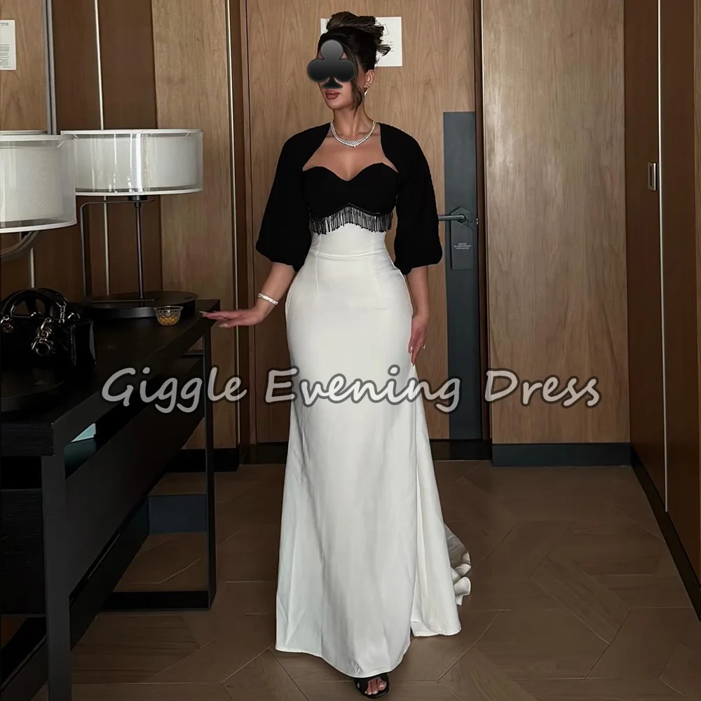 Charming Black-and-White Patchwork Saudi Arab Evening Dresses Fringed Sweetheart Neckline Mermaid Prom Dress Wedding Party Gowns