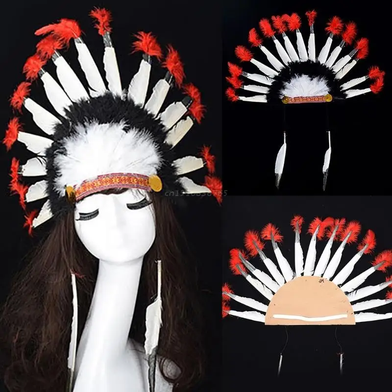 Coiffe en plumes faite main - Coiffe de guerre rouge, jaune et noire, courte - France