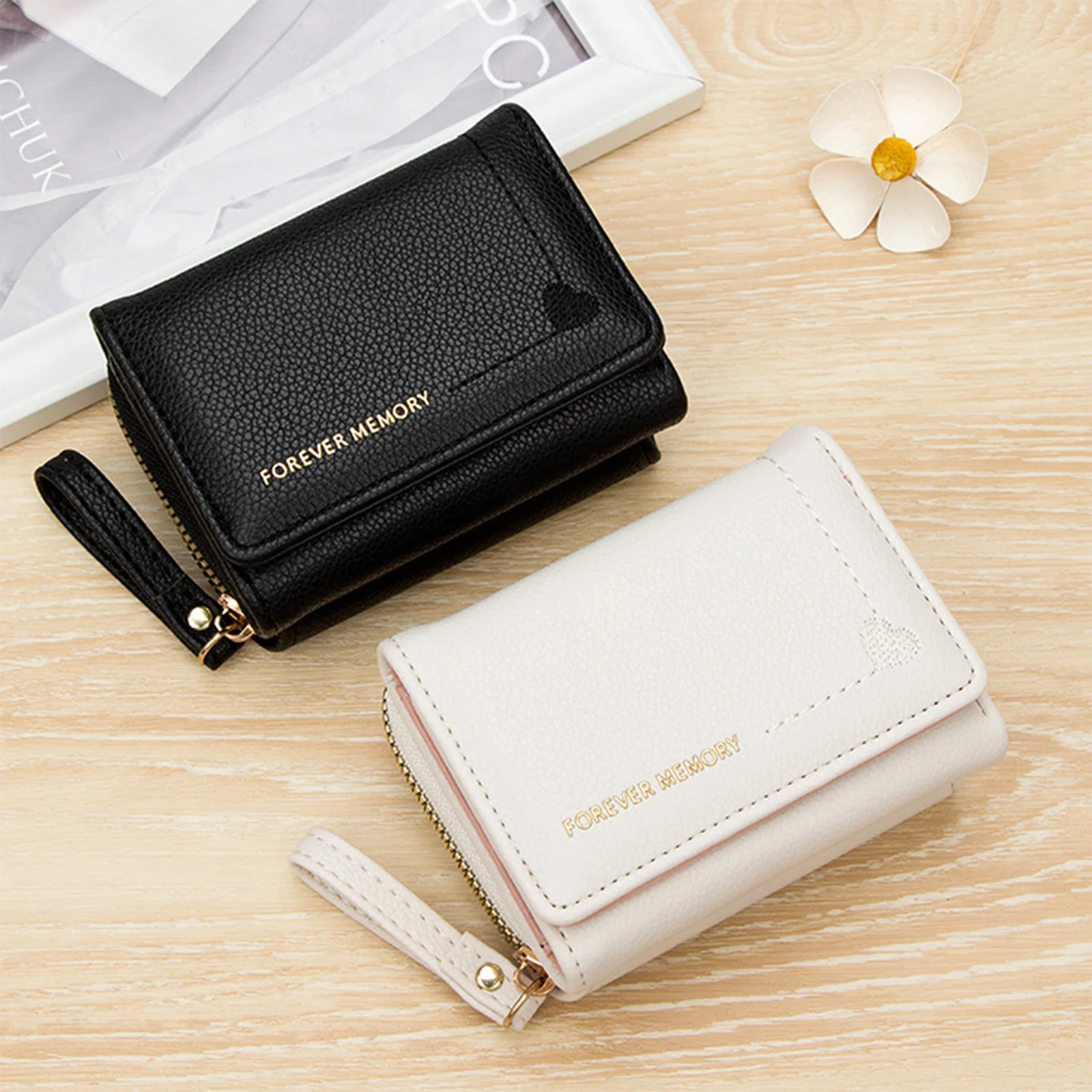 Cartera corta triple para mujer con bordado de corazón, múltiples ranuras para tarjetas, tarjetero compacto, organizador ligero