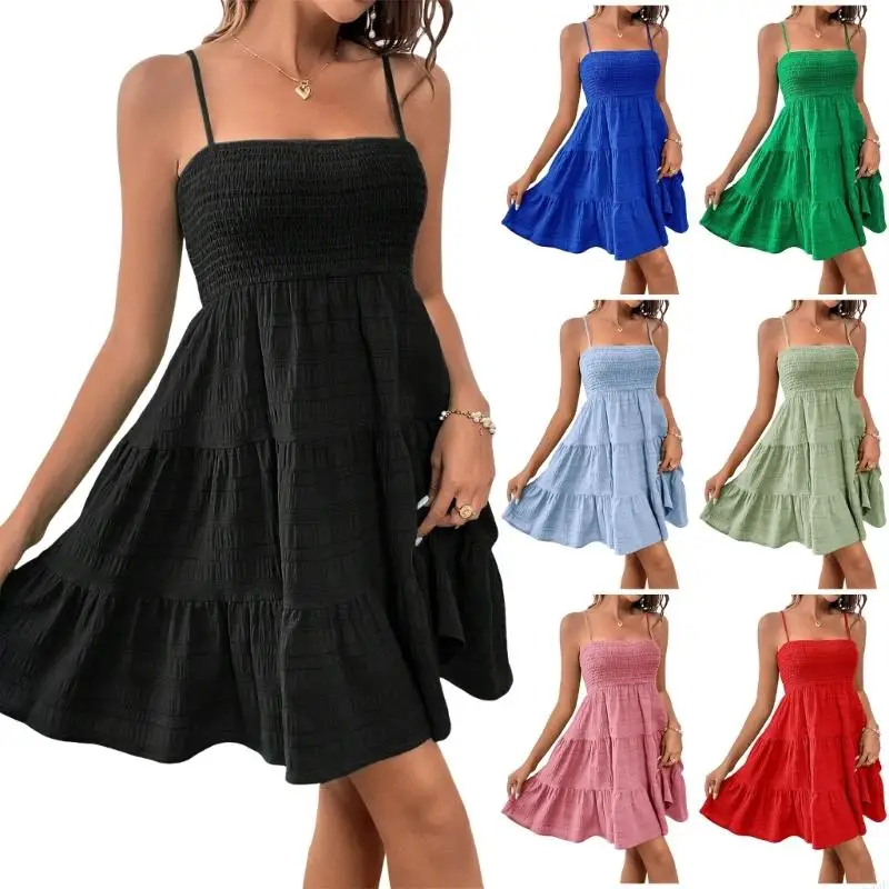 Elegante cinghia spaghetti Smocking Abito cami livello alto con donna per donne Line Mini Swing Beach Abito senza maniche