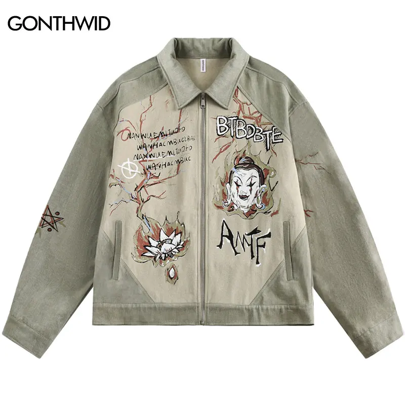 

Vintage Zipper Jacket Streetwear Graffiti Letter Graphic Print Patchwork Distressed Cotton Coat Grunge 2024 Hip Hop Punk Jackets