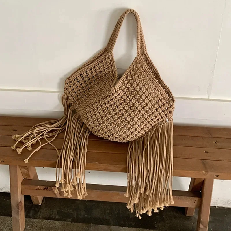 Bohemian Style Su Bag Women 2024 New Handmade Woven Bag With Drawstring Cotton And Linen Woven Bag Color Beach Bag Vacation Bag