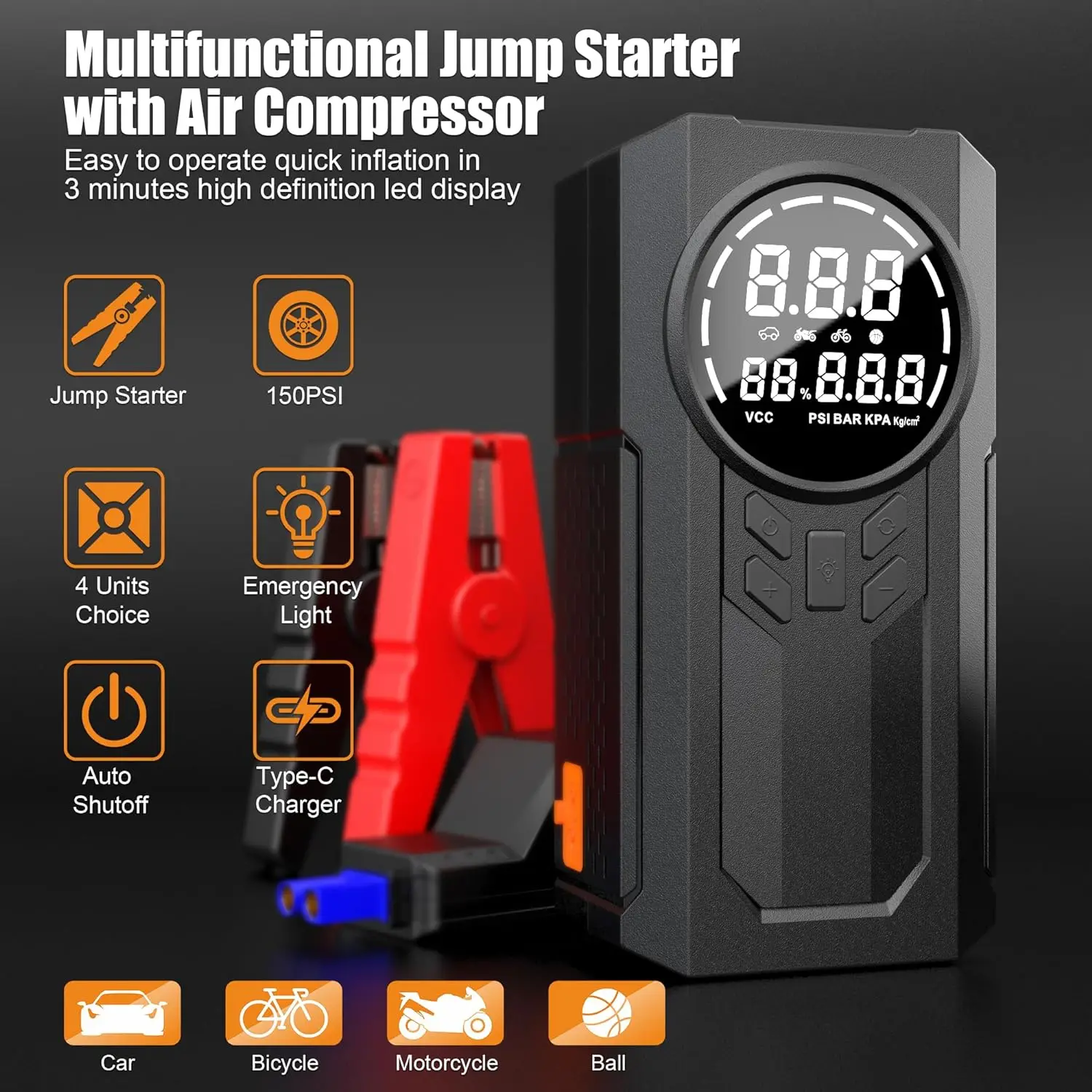 Multifuncional 4 em 1 Jump Starter com Inflador e Power Bank LED Light Jump Starter com Inflator Car Booster com Digital