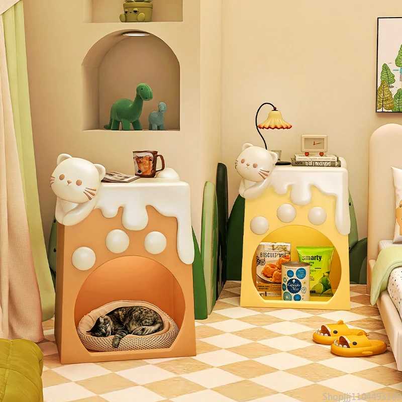 Cream Cat-inspired Storage Side Table, Whimsical End Table for Sofa & Bedside Décor