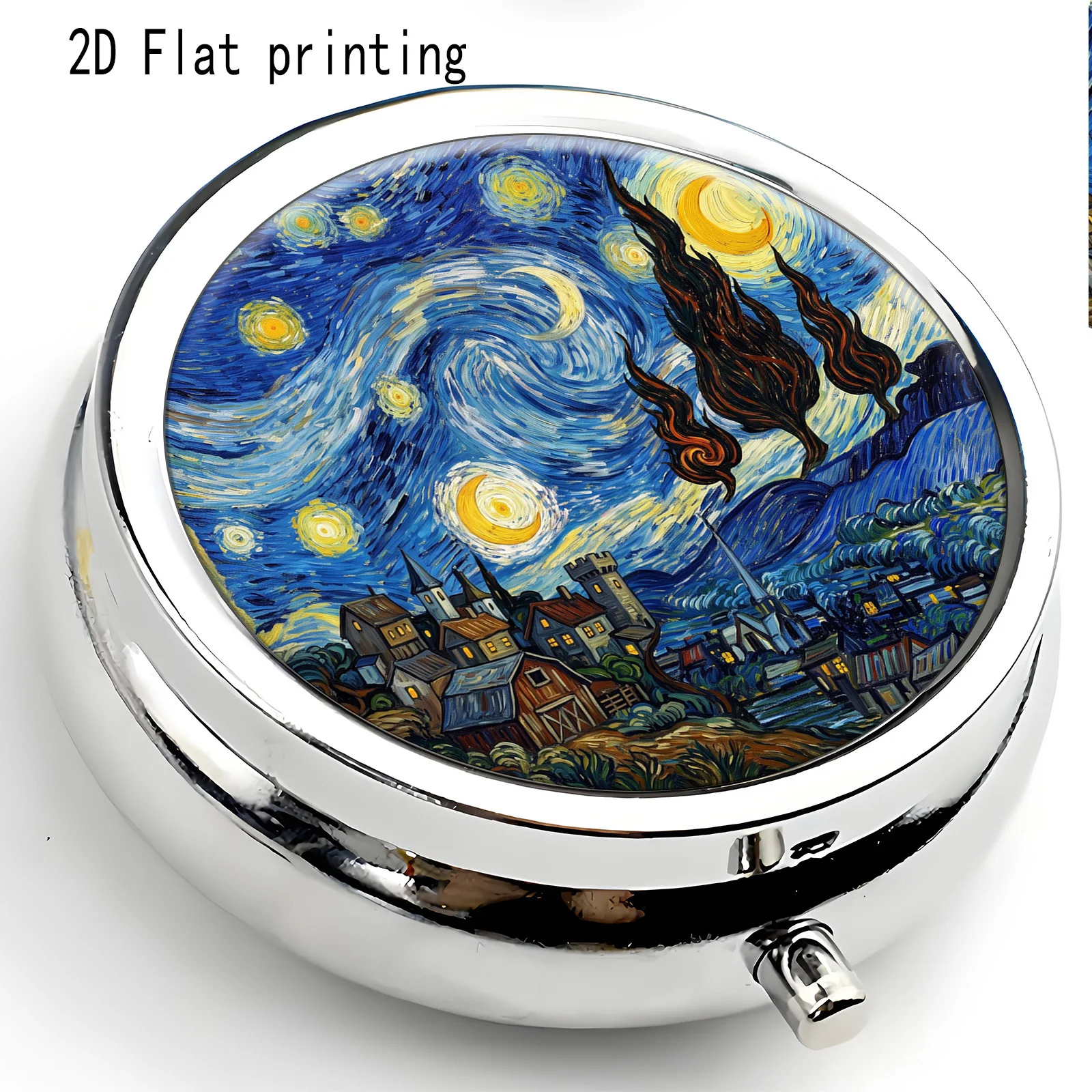 Portable Mini Three-Compartment Pill Box, Classic Starry Sky Countryside Oil Painting Round Print, Travel Medicine Storage Box, Sealed and Moisture-Proof, Capsule Vitamin Organizer, Portable Small Pill Box
