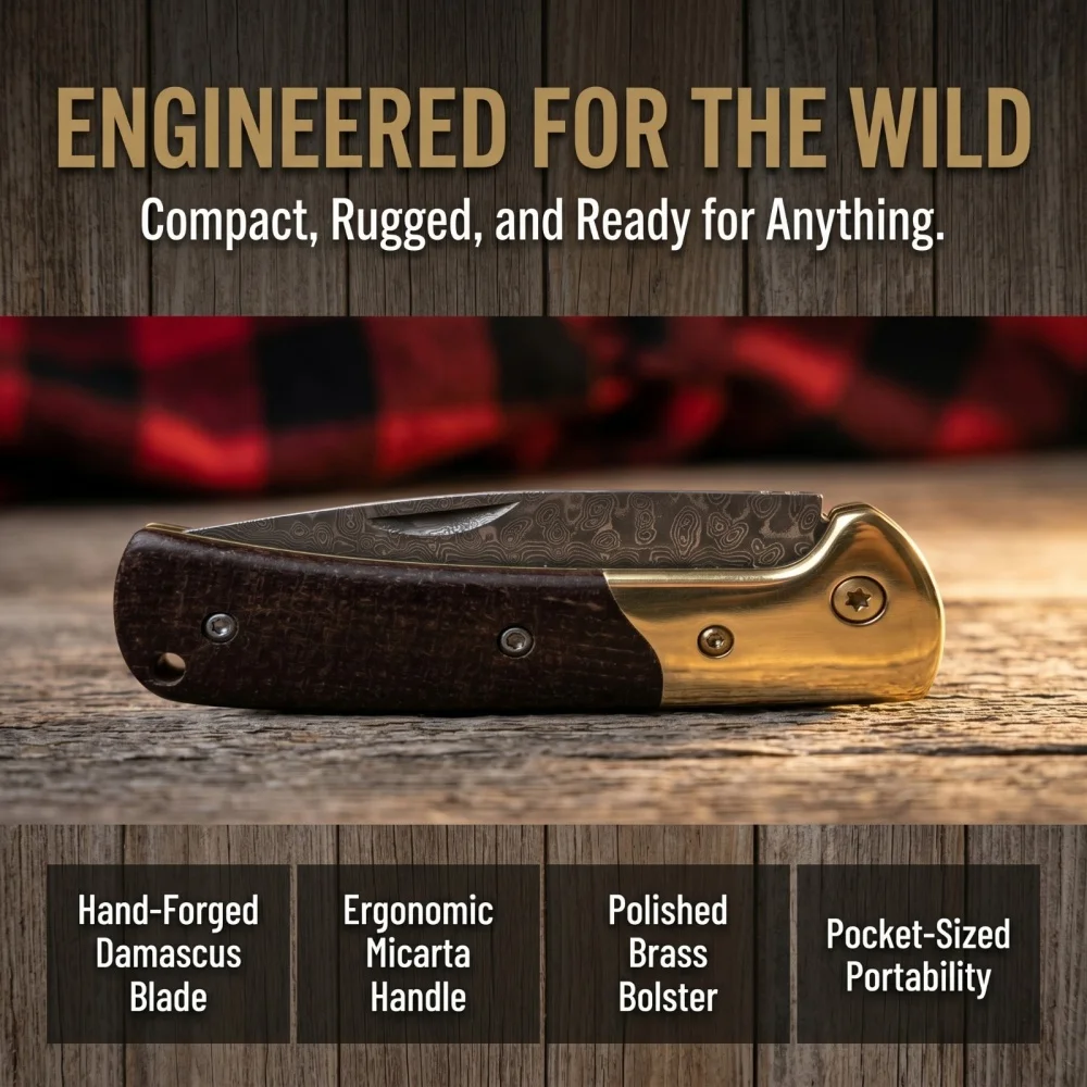 Portable Compact Folding Knife Perfect Walking Traveling Damascus Steel Blade Suitable Outdoor Hiking Camping Barbecuing Fishing