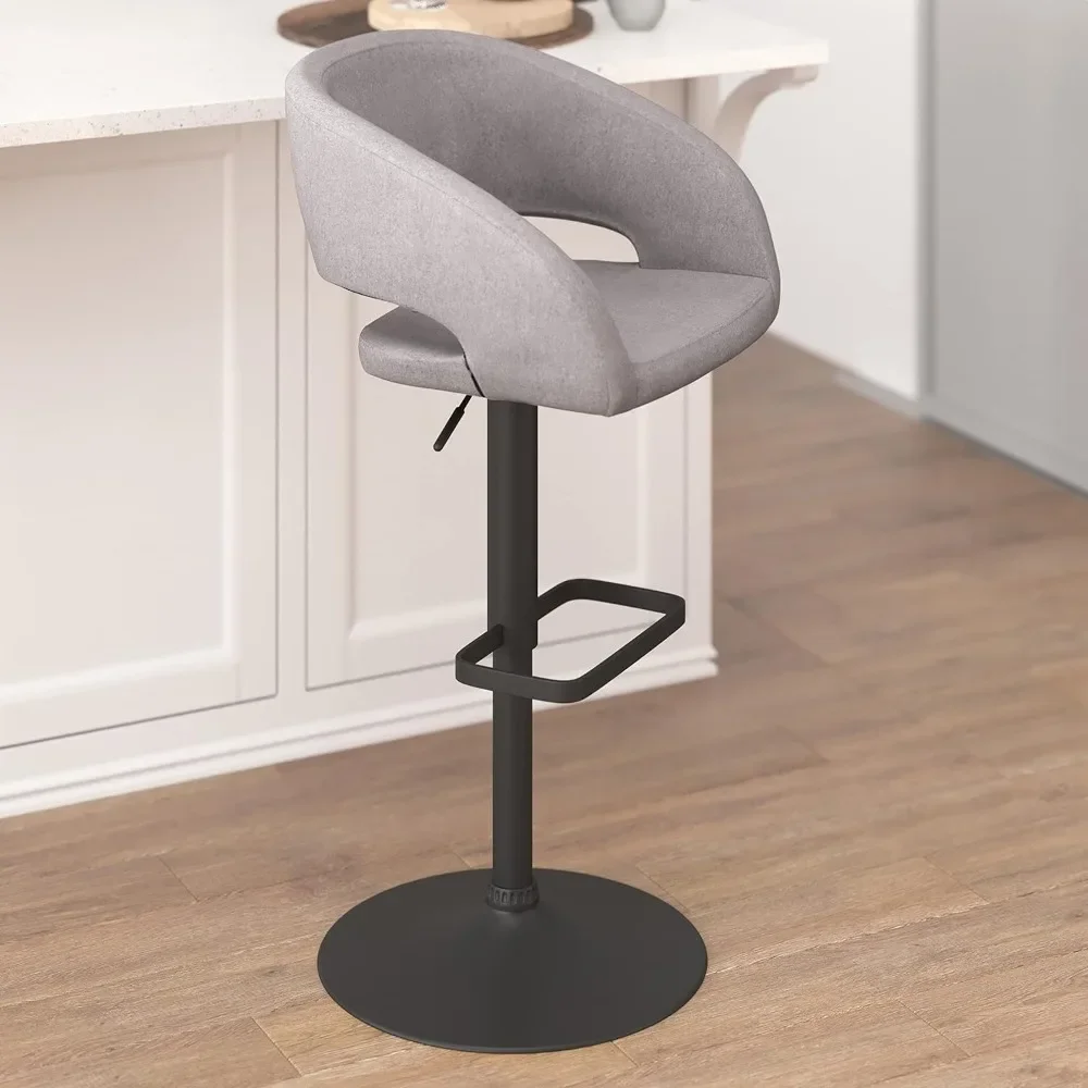 Comfortable and stylish modern bar stool with round middle backrest and footrest, height adjustable - grey fabric, black base