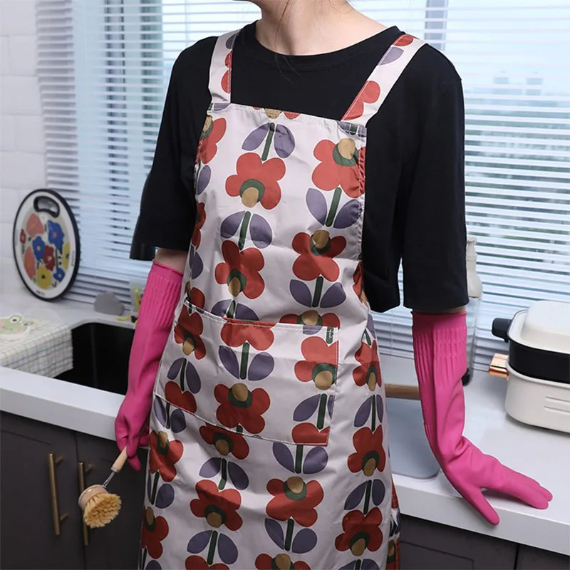 

Simple Flower Printed Waterproof Kitchen Cleaning Apron With Pockets Hand-wiping Stain-resistant Oilproof Cooking Wear For Women