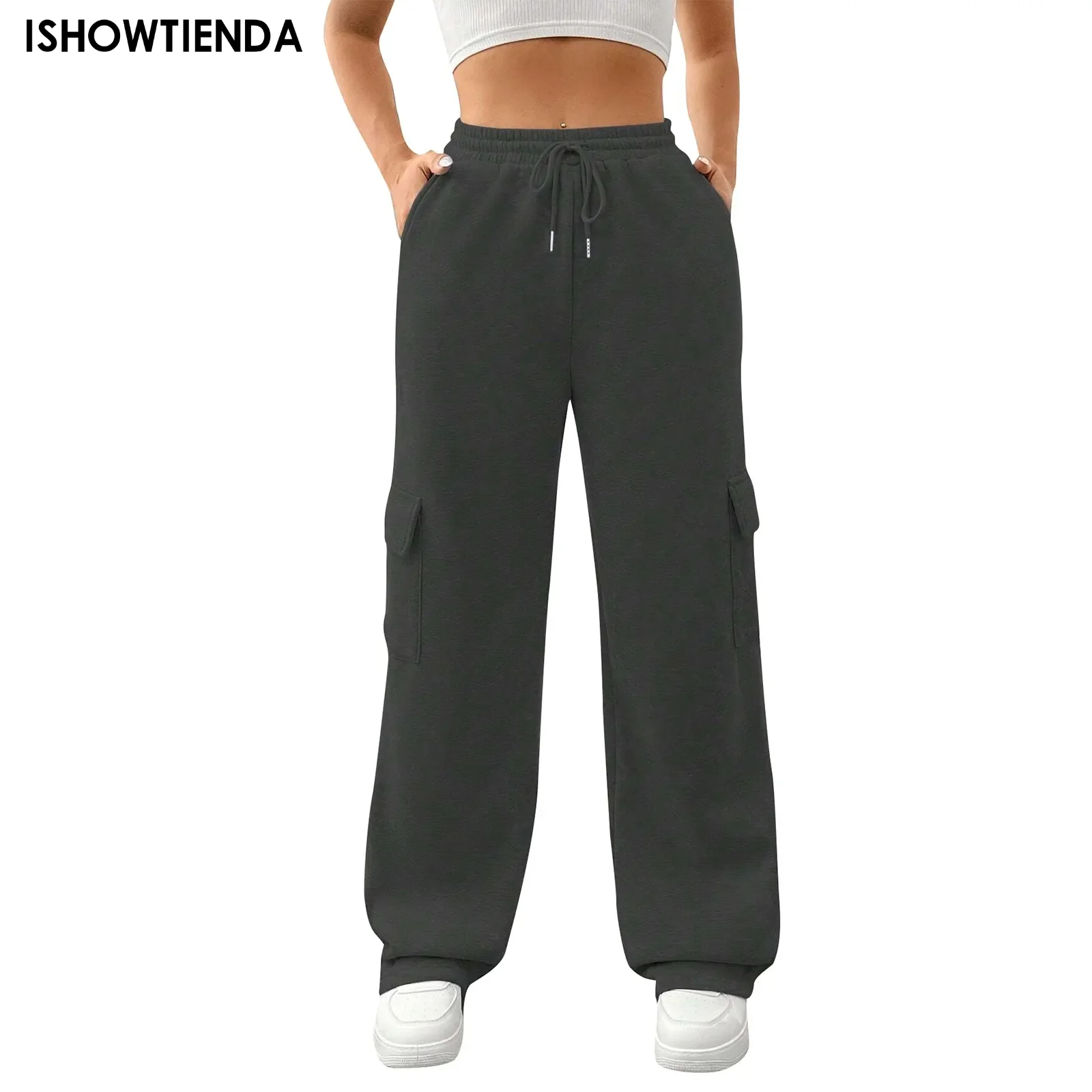 Autumn Winter Sports Pants For Women Straight Loose Wide Leg Pants High Waist Streetwear Casual Sweatpants Black Gray Trousers