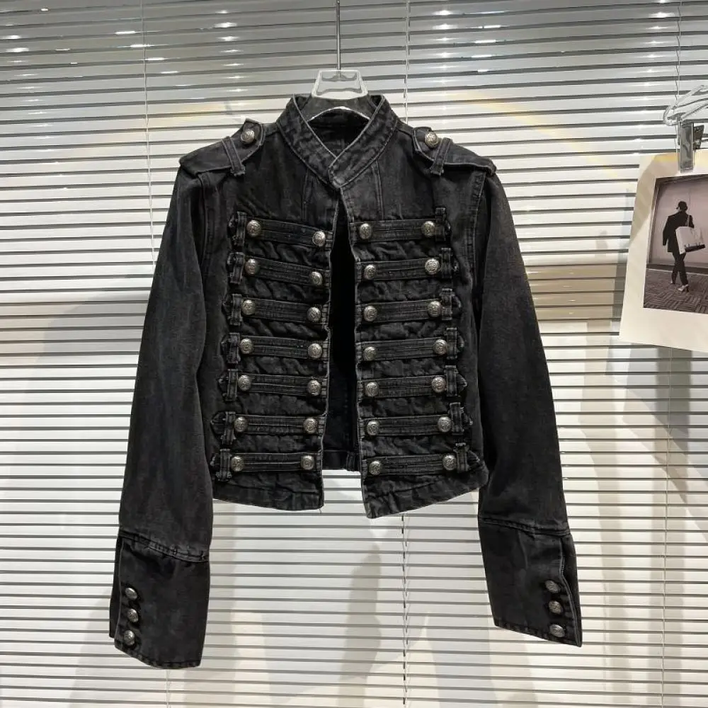Womens Denim Jacket Vintage Wash Spring Fashion Metal Buckle Crop Coat Korean Style Long Sleeve Outerwear Female Casual Top
