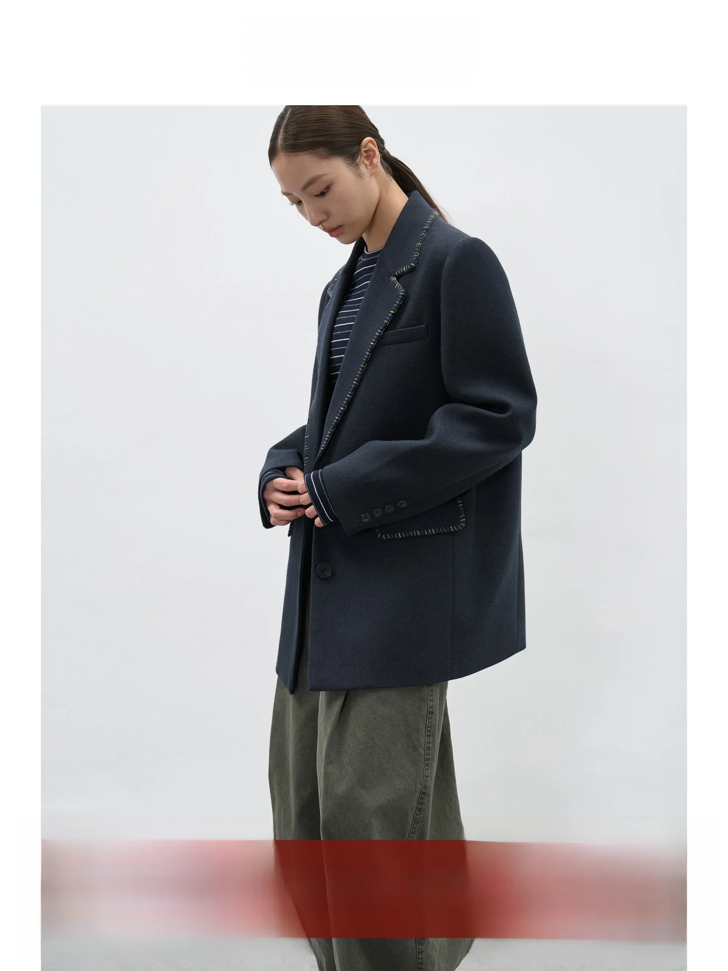 

EIGHTHMONTH August Plain Line Decorative Woolen Suit Jaet Women Loose Slimming Quali Commute Western Sle Coat