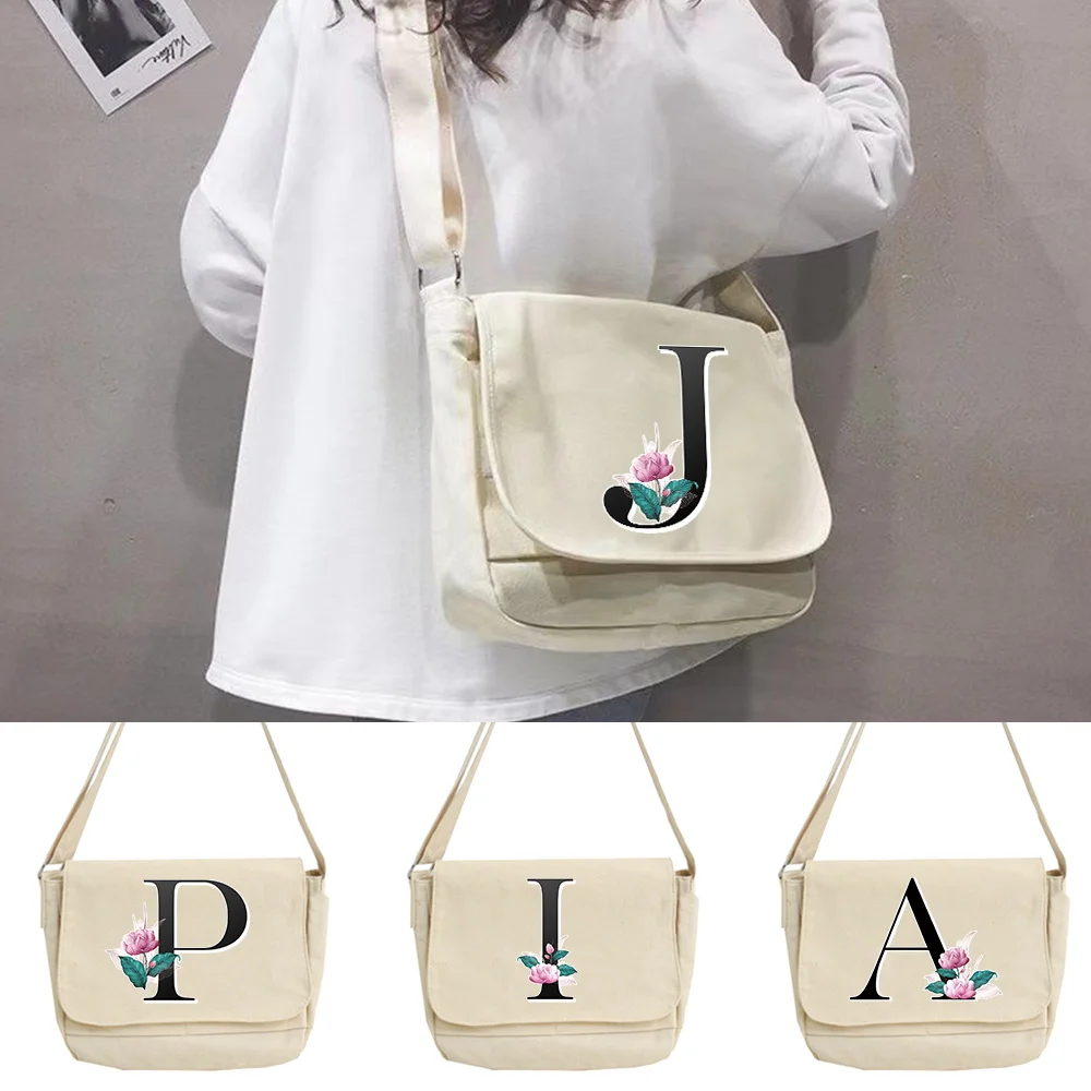 

2024 Women Messenger Shoulder Bag Youth Student Style Casual All-match Crossbody Bags Whitemarble Letter Print Canvas Organizer