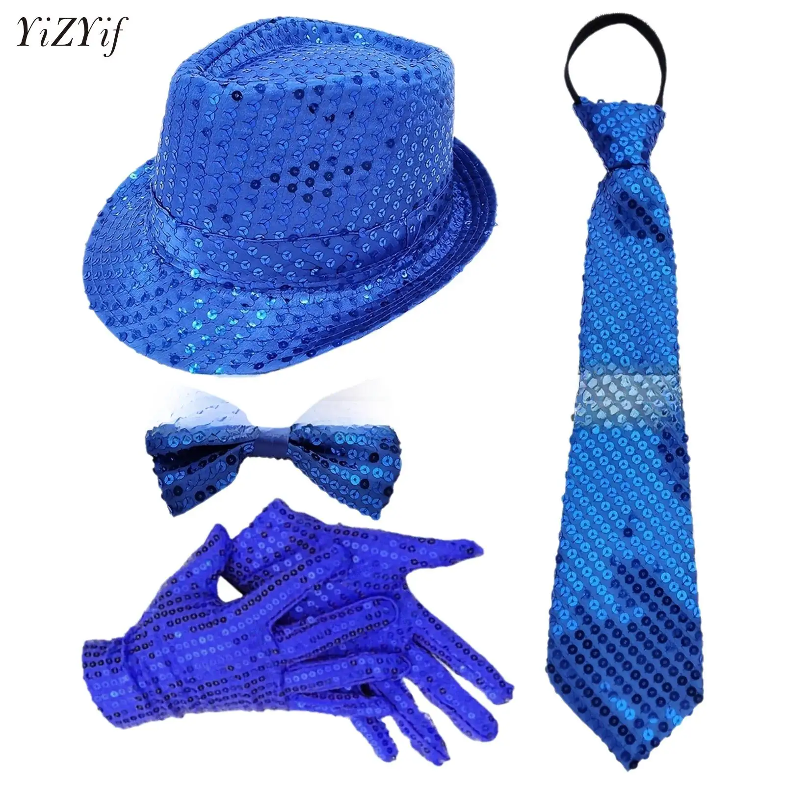 

70s Disco Costumes Set Men Women Jazz Hat Glitter Bow Ties Gloves Sequins Stage Dance Performance Cap Carnival Holiday Party Hat