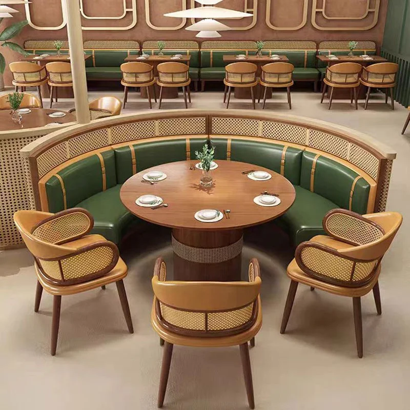 

Factory Wholesale Vintage Leather Rattan Wooden Curved Living Room Furniture Restaurant Booth Dining Table Set With 4 6 8 Chairs