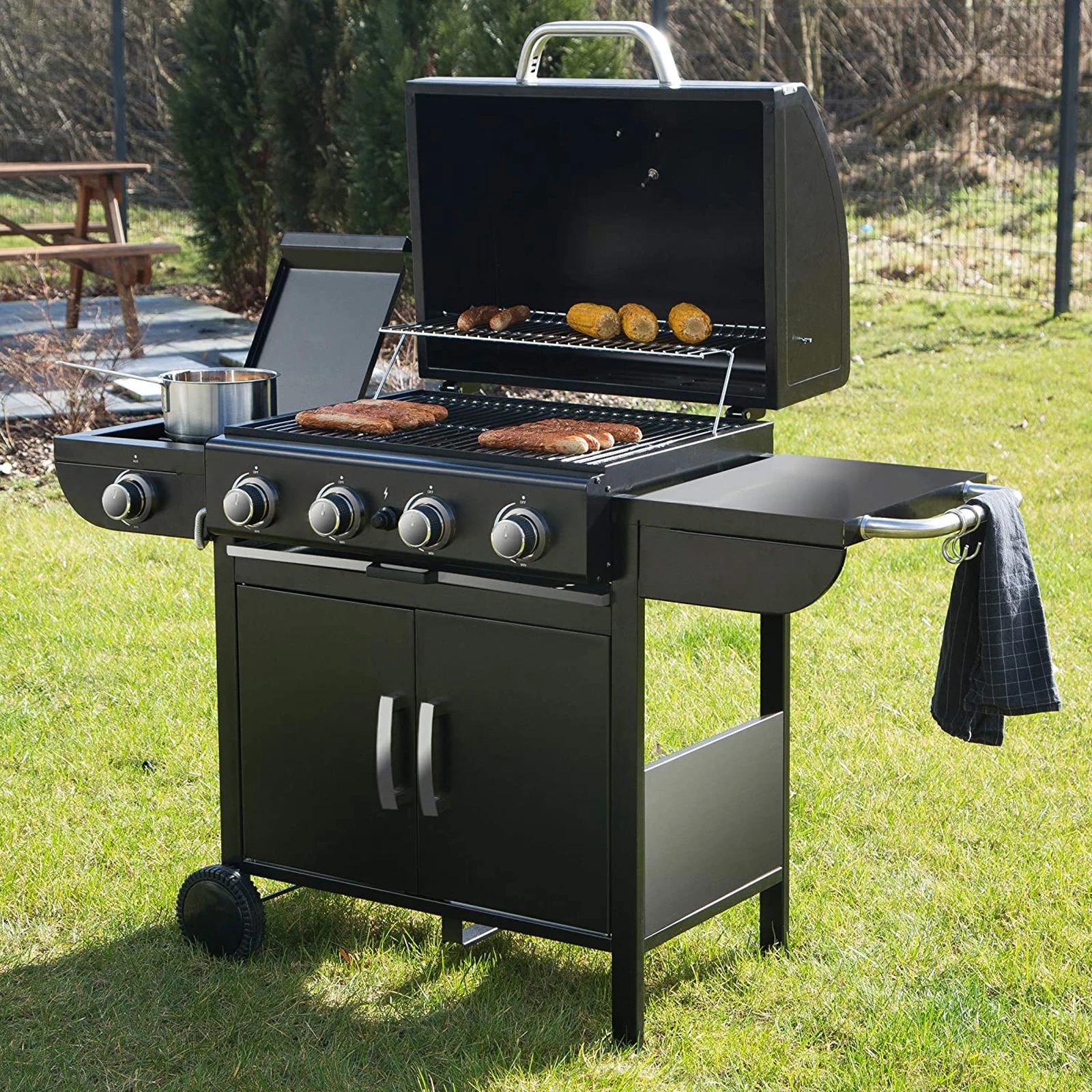 【Breeins】 Quemador de gas para exteriores con quemador múltiple y barbacoa de acampada con enmalle de gas para quemador lateral
