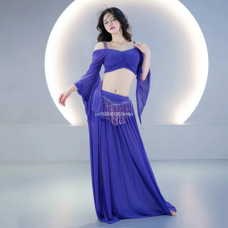 

Slimming Belly Dance Practice Clothes Women Oriental Dance Lesson Wear Sequin Tassel Skirt Top 2 Pcs