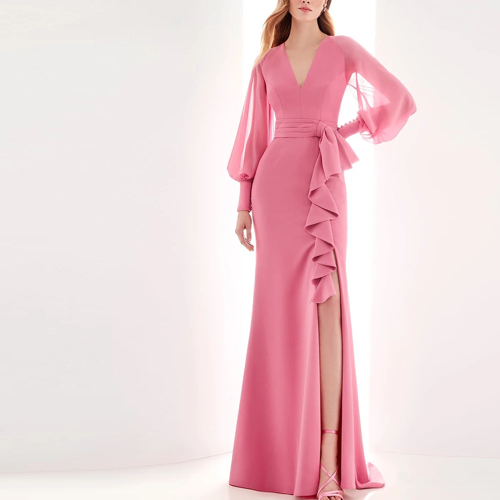 

V Neck Long Sleeves Jersey Floor Length Sweep Train Zipper Back Straight Solid Color Tiered Elegant Luxury Evening Dress 2024