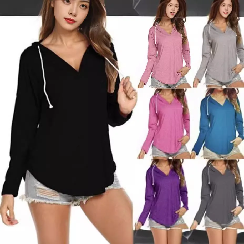 Women's Solid Color V Neck Long Sleeve Drawstring Hooded Loose Fit Comfortable Casual Versatile Trendy Commuter Basic Daily Top view 3