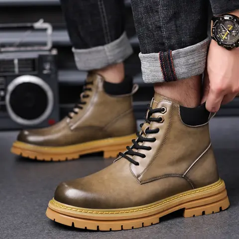 Mens Vintage Tan Leather Work Boots Lace Up Chunky Sole Comfortable Non Slip For Hiking Camping Daily Casual Fashion Classic
