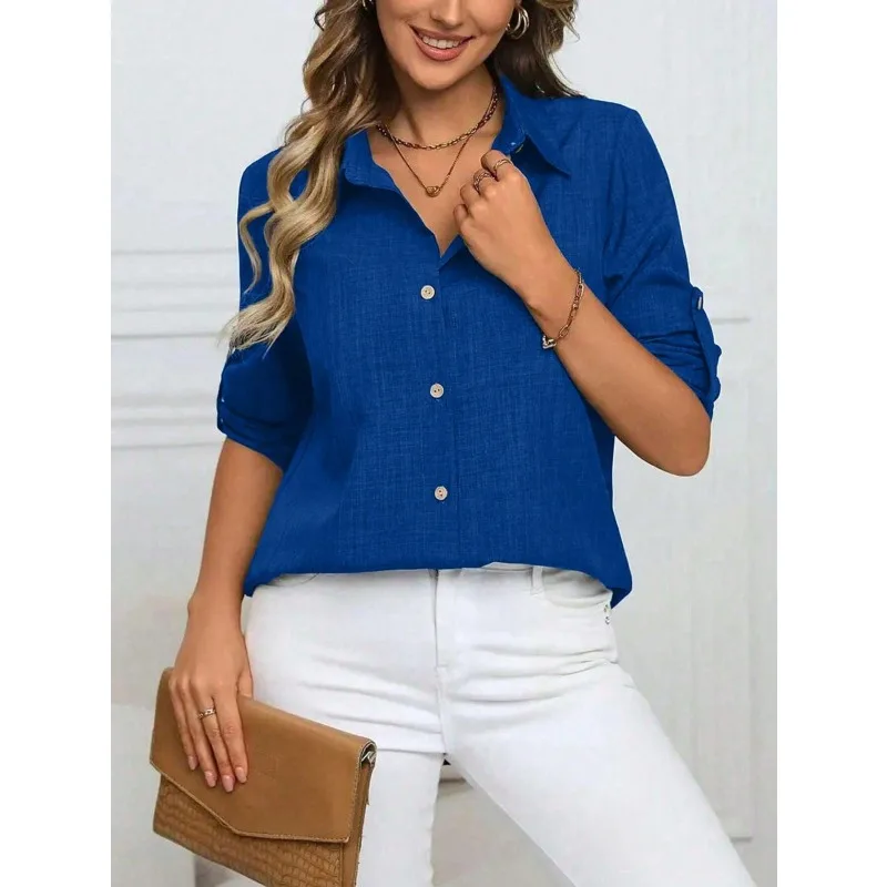 Plus size 1xl-5xl novas mulheres casual blusa de manga longa camisa senhoras casual elegante blusa de lapela sólida camisa vintage topos