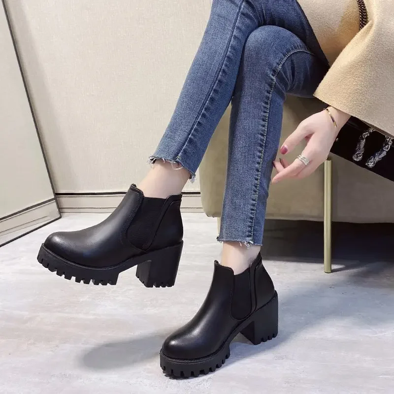 Autumn Winter British Riding Boots Thick Heel Women\'s Ankle Boots Round Head Waterproof Platform Elastic Mouth Short Boots 35-41