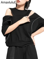 Amax luluE European 2025 Fashion Streetwear Women Sexy Off Shoulder Black Tees Casual Short Sleeve Tshirts Female Oversized Tops