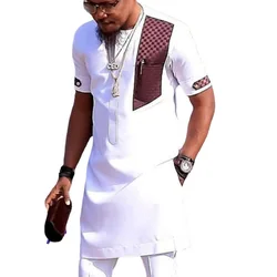 White Patchwork African Dress Shirt Men 2023 Brand Short Sleeve African Clothes Streetwear Casual African Men Traditional Outfit