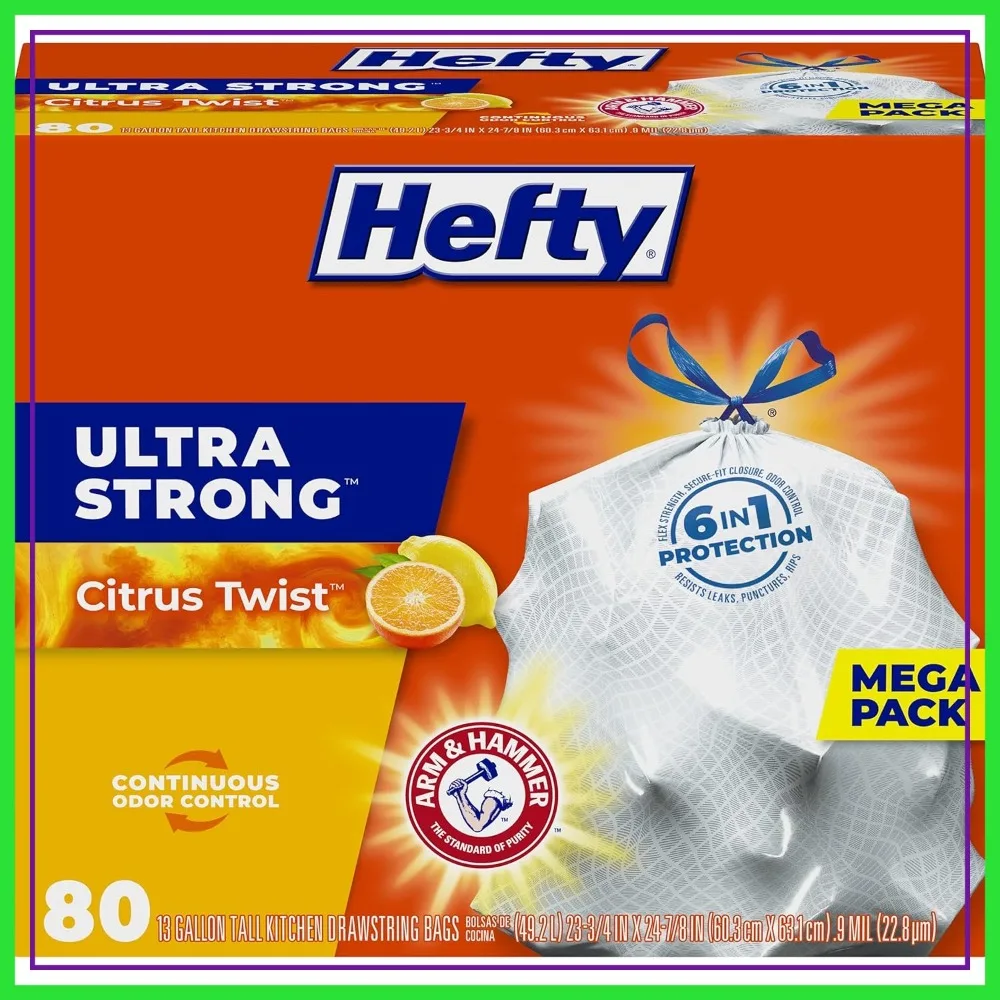 

13 Gallon Tall Kitchen Trash Bags, Drawstring Closure, 80 Count, White, Citrus Scent