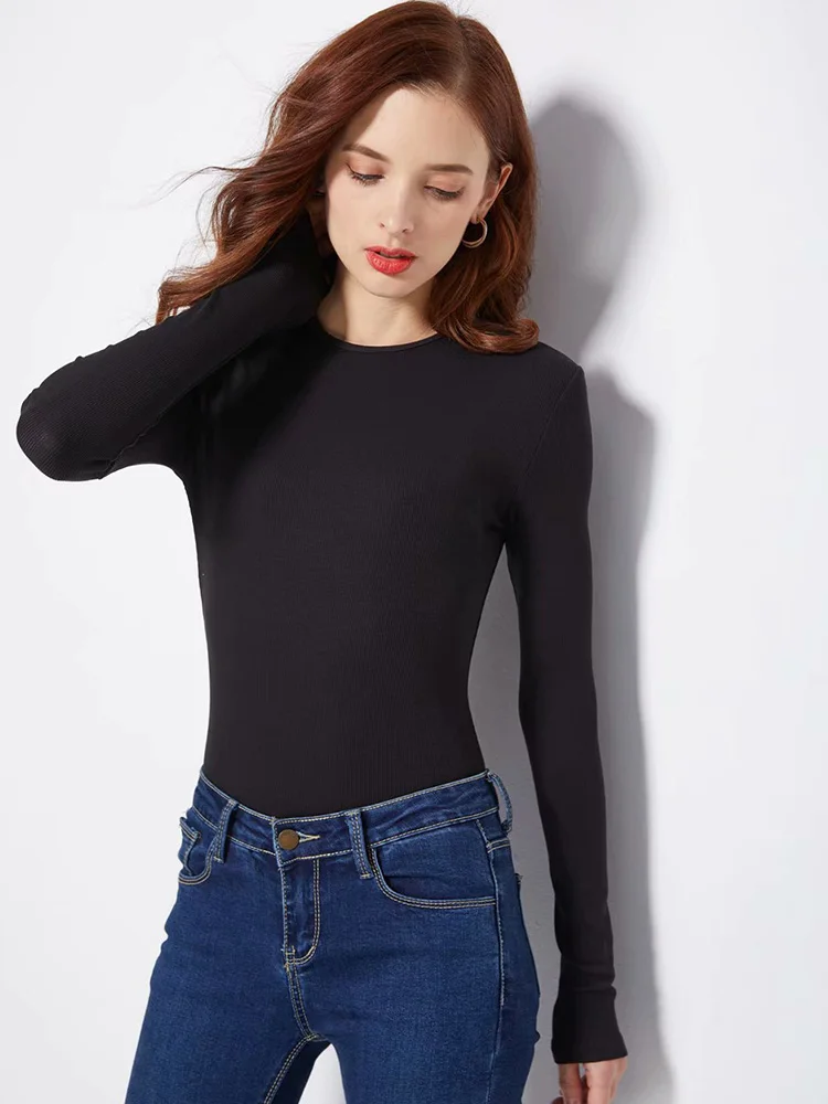 Women's Long-Sleeved O-Neck Knitted Bodysuit, Casual Streetwear, Skinny Elastic Jumpsuits, Spring, Autumn