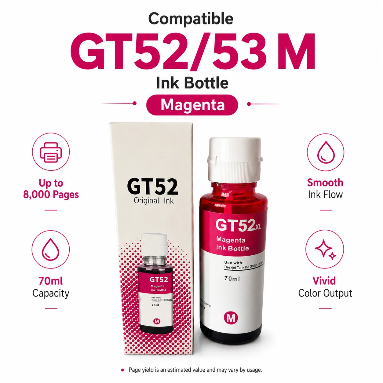 Botella de Tinta Compatible GT52XL Magenta para Impresora HP Smart Tank, Recarga de Tinta de 70 ml, Flujo de Tinta Uniforme