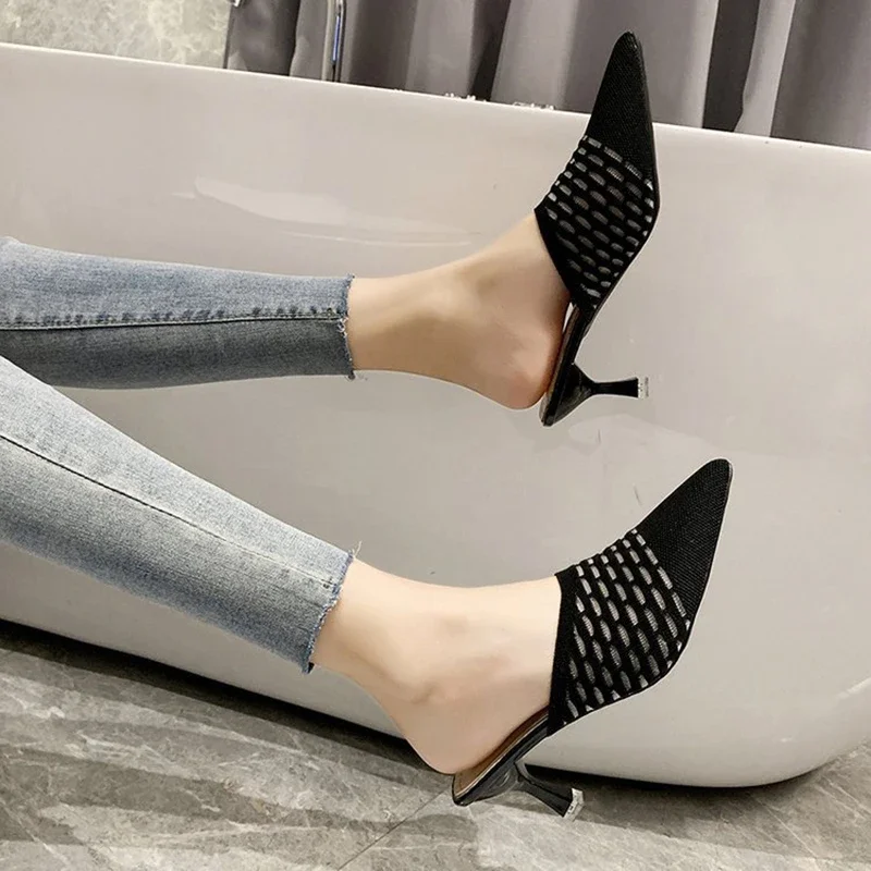 Miaoguan Knit Women Shoes Pointed Woven High Heels Fashion Women Heels Stilettos Mules Loafer Casual Feminine Sandalias Shoes