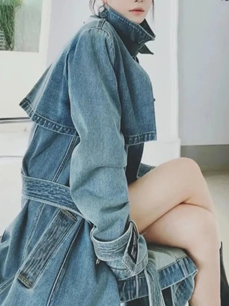 GVUW Autumn Denim Trench Coats For Woman 2024 Luxury Lapel Long Sleeve Belt Patchwork Loose Vintage Windbreaker Female 17G2586