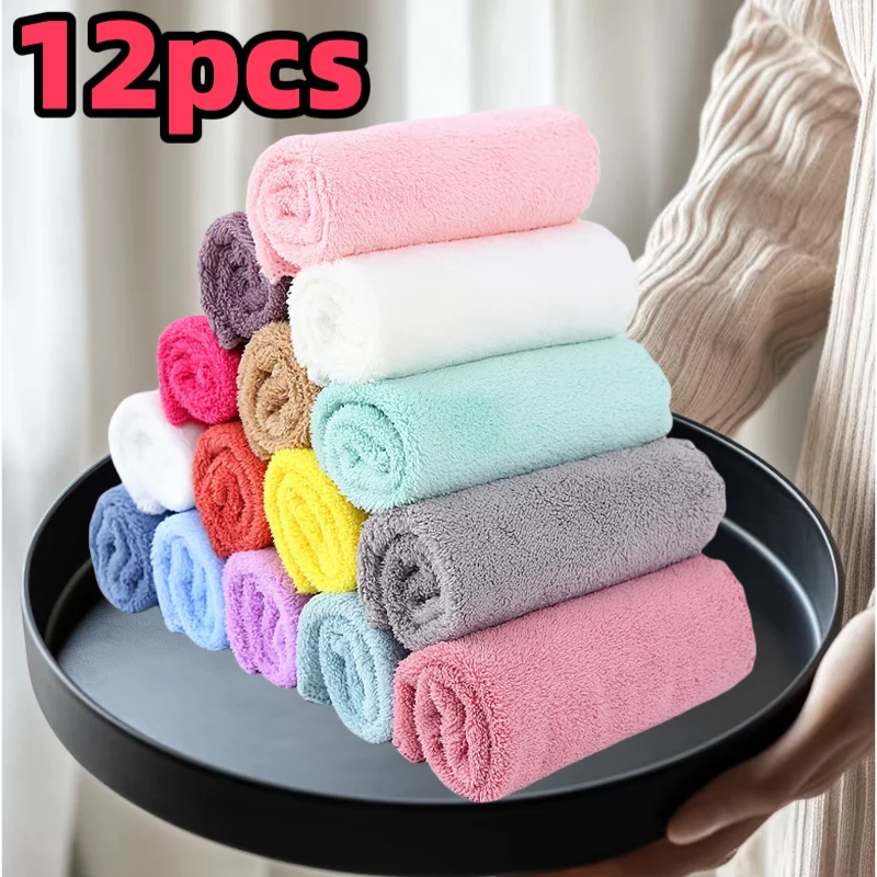 Toalla de agua absorbente suave de alta calidad, 12 Uds., Color aleatorio, pañuelo de Color puro de secado rápido, toalla de baño cuadrada ligera multifuncional, tela de baño de estilo moderno y uso diario para el hogar, productos esenciales para el hogar