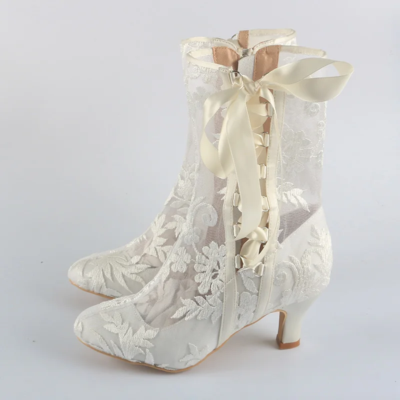 Wedopus Customized Romantic Floral Ribbon Tie High Heel Wedding Boots Beauty Flower Lace Bridal Boots 8CM/5CM