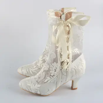 Wedopus 訂製浪漫花卉絲帶繫帶高跟婚靴 美麗花朵蕾絲新娘靴 8厘米/5厘米 8 最佳銷售 花卉靴 - №3
