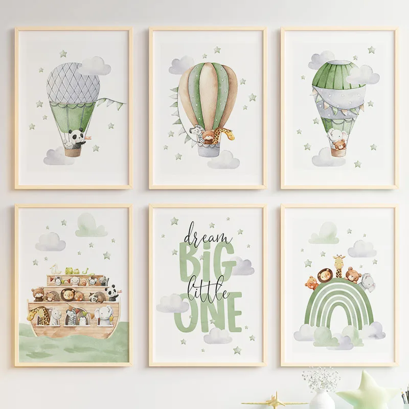 Globo León Tigre jirafa arcoíris barco guardería cuadro sobre lienzo para pared carteles nórdicos e impresiones imágenes decoración de la habitación de los bebés y niños