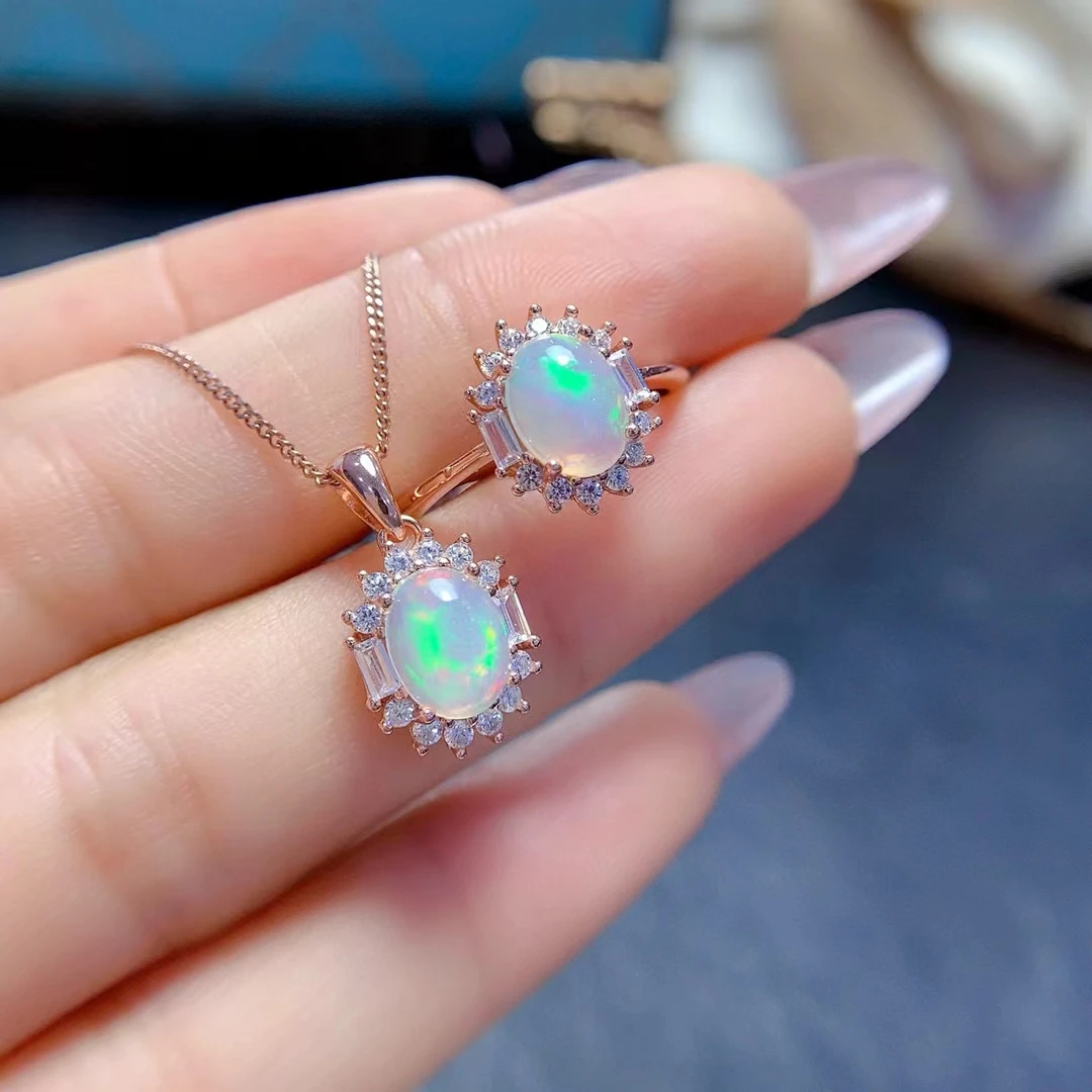 Australian Opal Ring and Pendant 6mm*8mm Total 1.2ct Natural Opal Jewelry Set for Daily Wear 18K Gold Plated Gemstone Jewelry