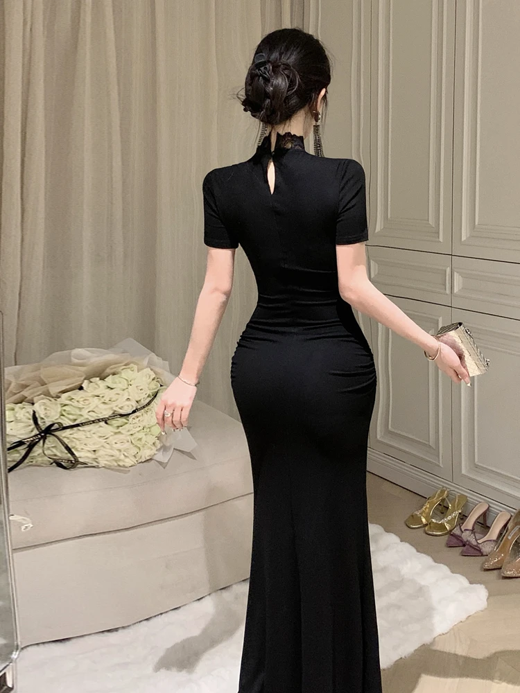 Elegante Spitze Getäfelten Ausschnitt Ohne Knochen Schwarz Bodycone Abendkleid Sexy Luxus Shheer Geraffte Kleid frauen Party Prom Vestidos Kleid