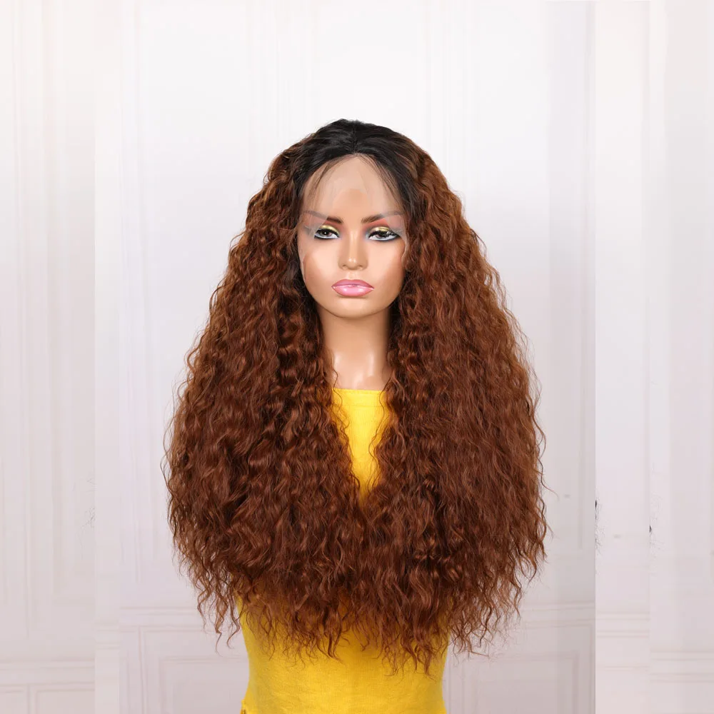 

13*4*1 26 дюймов 180 Плотность Длинный Ombre Коричневый Бесклеевой Синтетический Кудрявый Парик Фронта Шнурка Для Женщин Детские Волосы Предварительно Сорванные Ежедневно