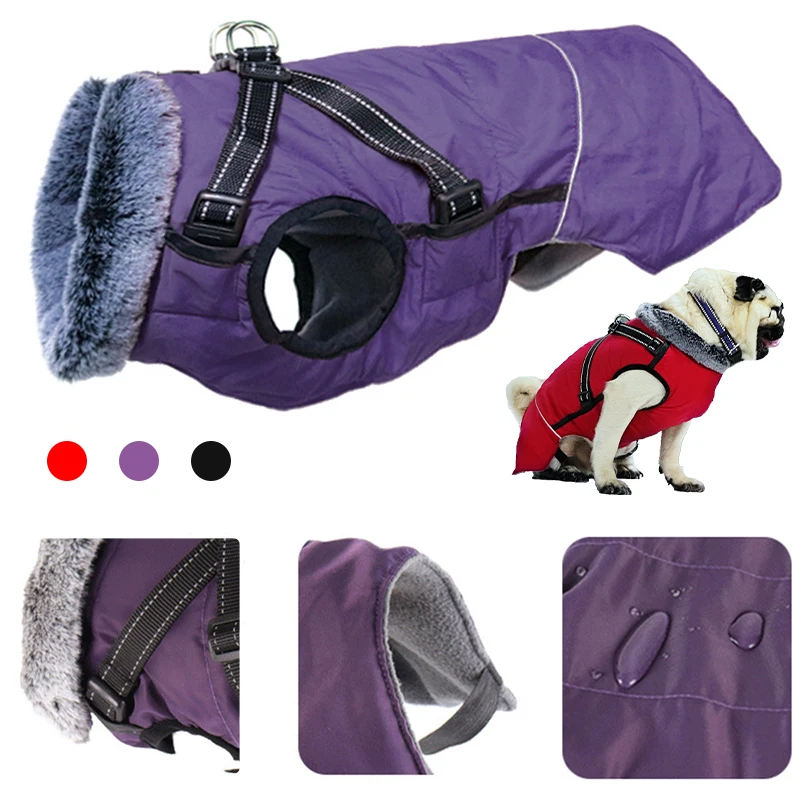 

Winter Pet Dog Clothes with Harness for Medium Large Dogs Waterproof Warm Coat French Bulldog Labrador Jacket Pug Poodle Costume