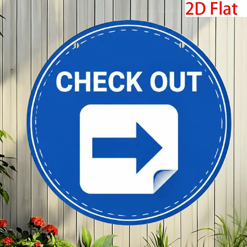 2D Flat, [2D Flat] 2D Flat Blue Folded Arrow Check Out Sign Round 8in Metal Sign Design, Easy to Install, Pre Installed Hole, Ou