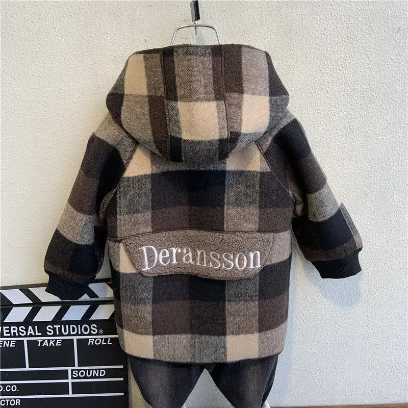 fall Winter Fleece Jackets For Boy Trench Children's Clothing 2-10Y Hooded Warm plaid Outerwear Windbreaker Baby Kids Coats