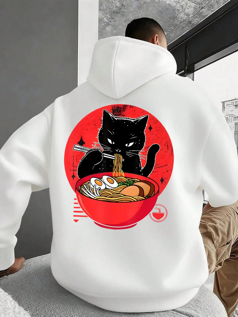 Sudaderas con capucha para hombre con estampado de Cat Of Lamian Noodles, sudaderas cálidas de lana para otoño, jersey con bolsillos de gran tamaño, ropa coreana para hombre