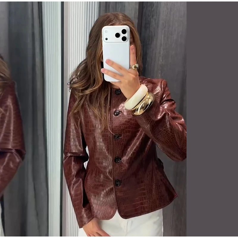 Crocodile Embossed Trench Coat Lapel Collar Button‑Front 2026 Autumn Women Vintage Outerwear Trendy Lady Casual Overcoat