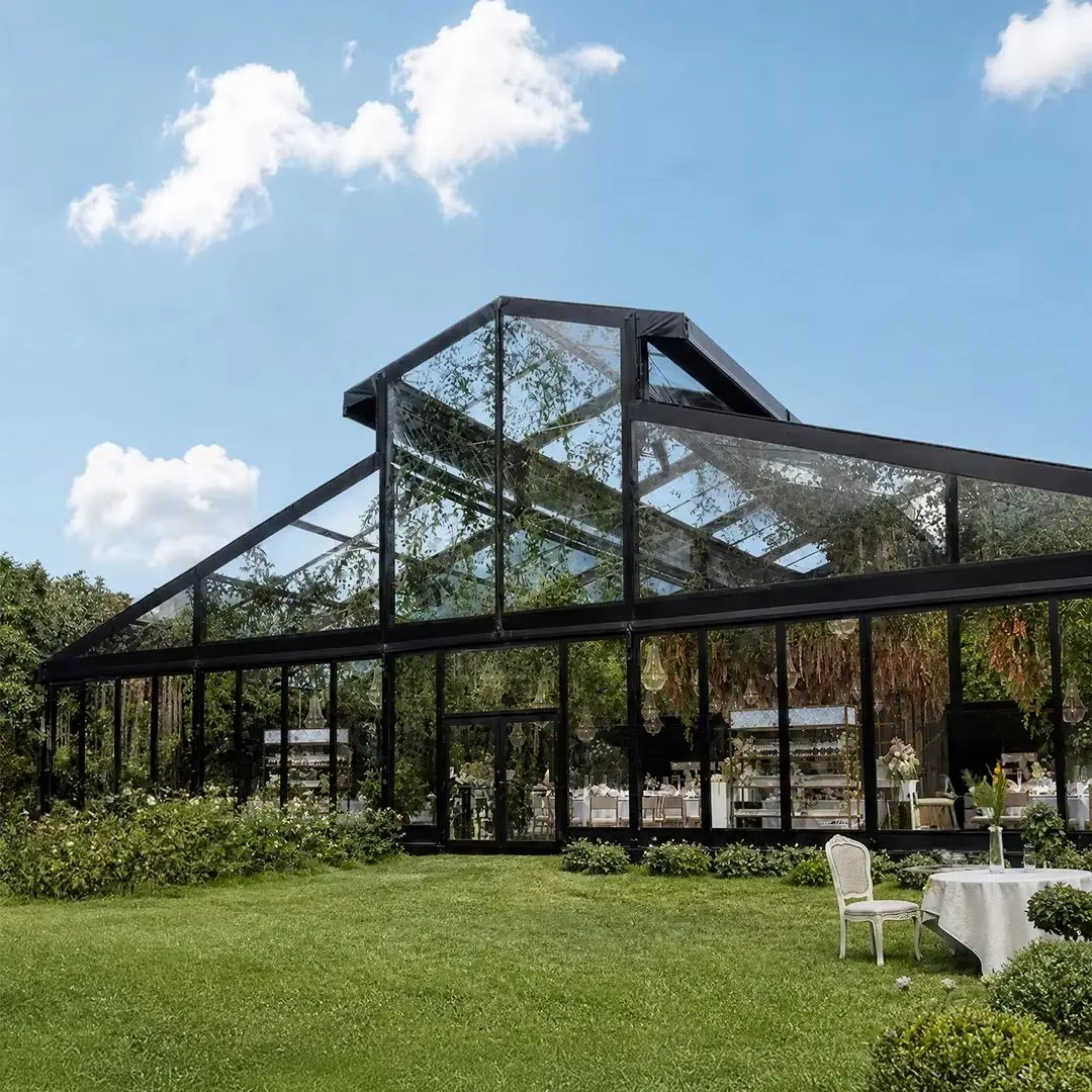 Large Span Aluminum Atrium Tent Transparent PVC Roof Black Alloy Frame Outdoor Wedding Reception Banquet Party Marquee