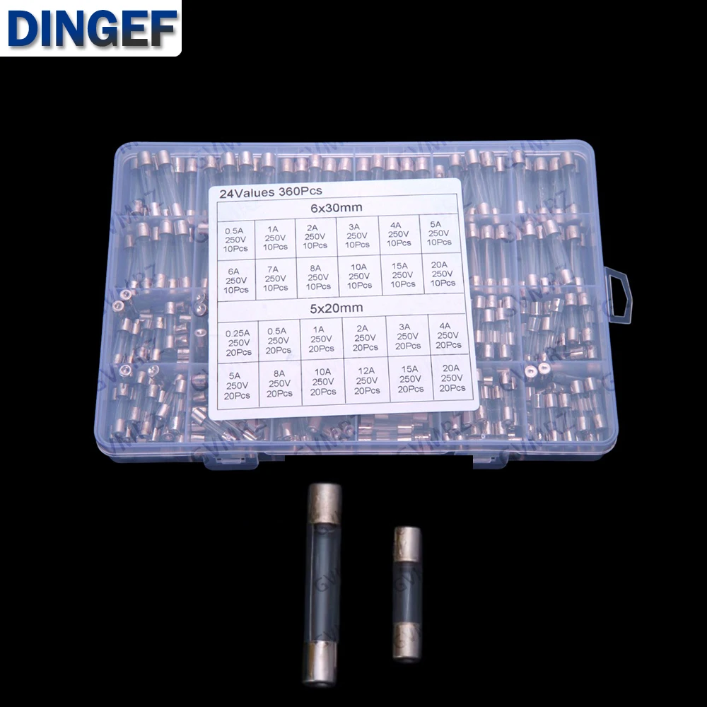 24Values 0.25A-20A 360PCS 5x20 6x30 Glass fuse kit 0.25A 0.5A 8A 10A 12A 15A 20A 250V 6A 7A 1A 2A 3A 4A 5A